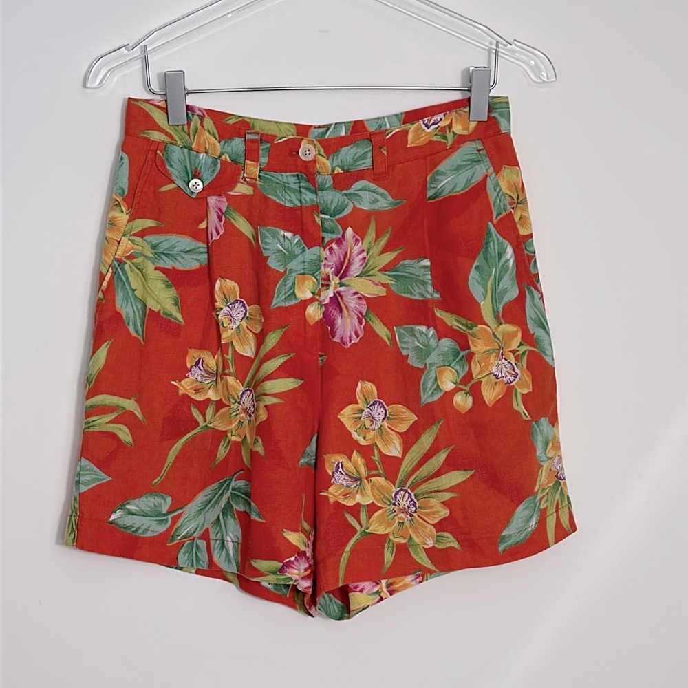 Vintage Lauren Ralph Lauren 100% linen Hawaiian print hi rise shorts 4